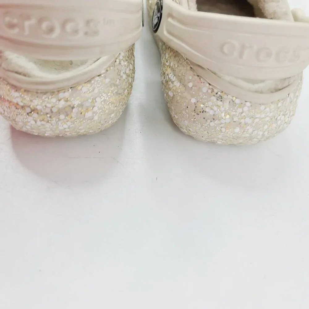 Crocs Girl's‎ White Stucco Classic Glitter Lined Slip-On Casual Clog Size 6